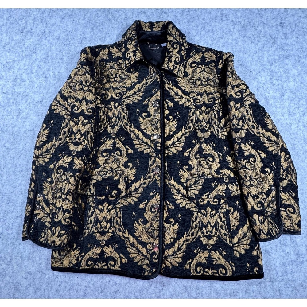Chicos Coat Womens 2 Black Gold‎ Floral Brocade Snap Front Pockets Lined Jacket